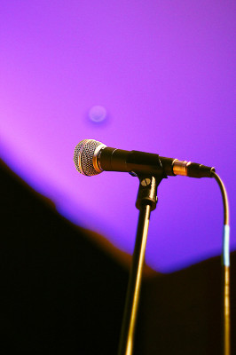 A microphone set up in the new auditorium