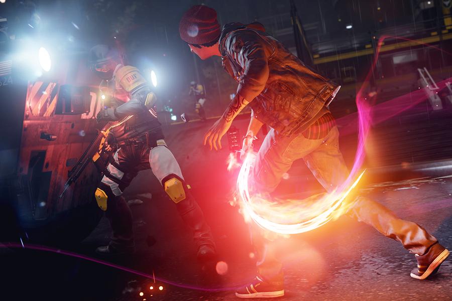 Delsin Rowe, the new protagonist, faces off with a D.U.P. soldier in Infamous: Second Son.