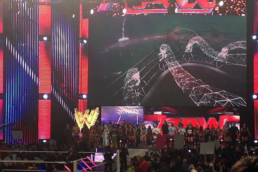 The wrestling roster of the WWE makes an appearance  during the Dallas taping of Monday Night Raw at the American Airlines Center in December.