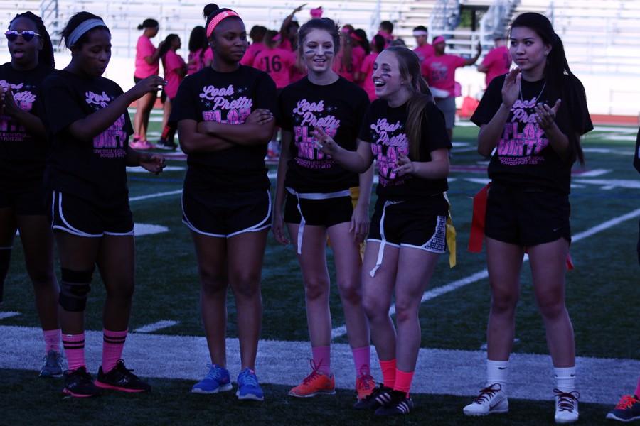 Kendra Williams, Gabby Taite, Alyssa Castagno, Staci Rende, and Brooke Nguyen pose as their names get called for the Powderpuff on April 20.