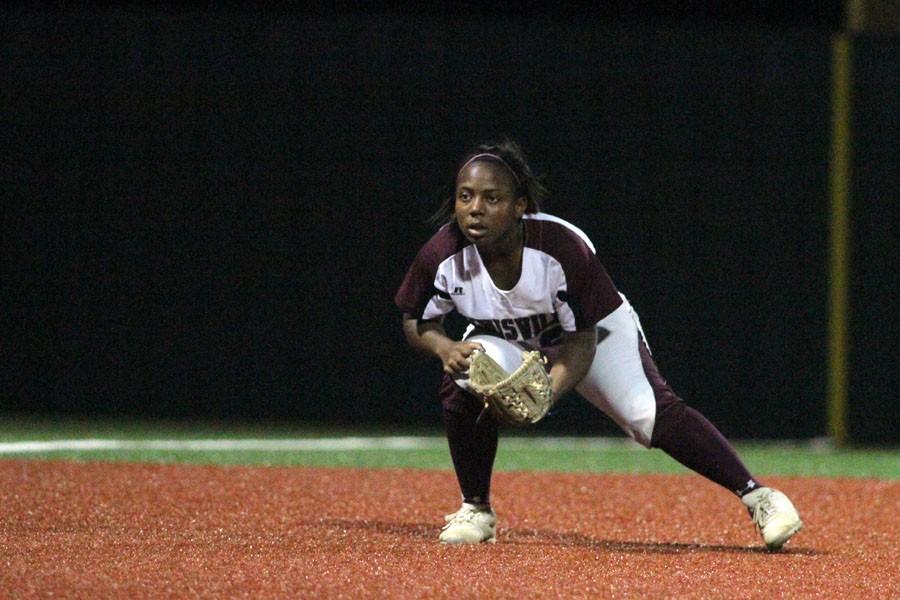 Junior ALeecia Bell (27) prepares to field the ball during the game against Southlake Carroll on May 8.