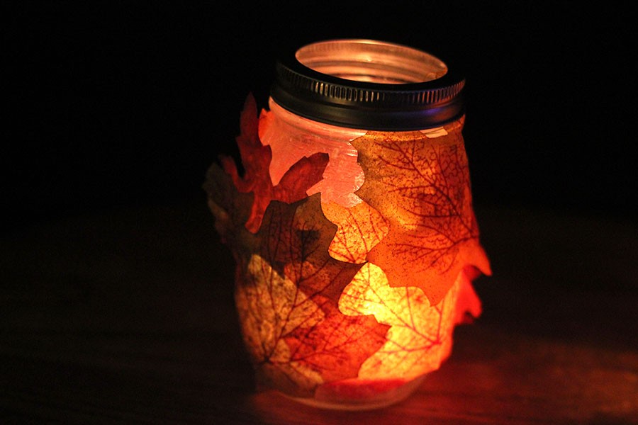 The end result of the fall leaf jar DIY.