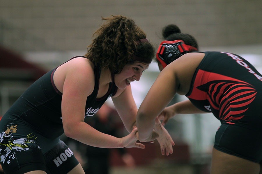 Senior Ruby Garcia wrestles against her opponent in the Trinity dual that took place on Nov. 11.