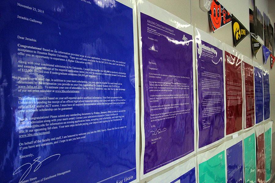 College acceptance letters from current AVID students fill the hallway.