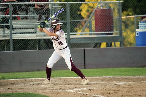 Senior Lindsay French prepares to hit the ball against Plano on April 22.