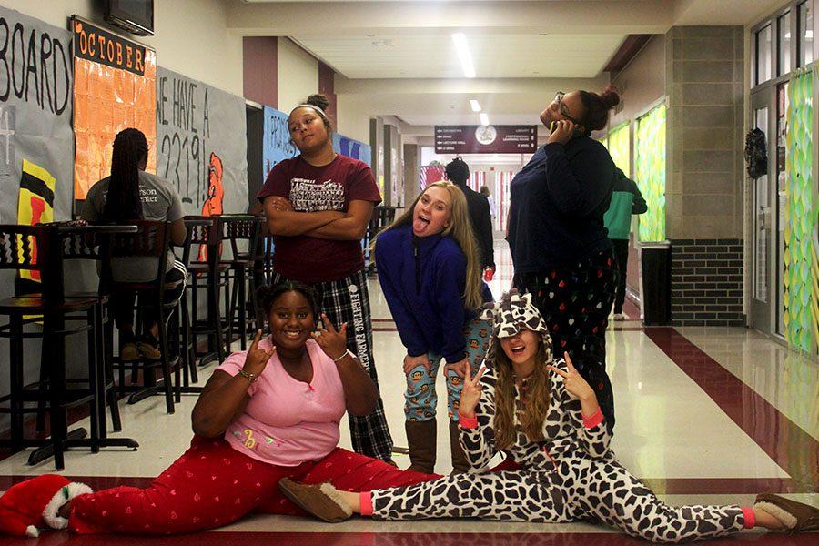 Seniors Raegan Lawrence, Nicole Haskins, Peyton Dillbeck, Sierra Kiplinger and Faith Patton wear pajamas for PJ Day on Monday, Oct. 17.