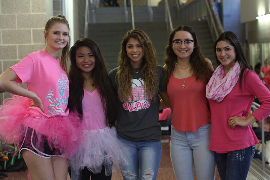 Seniors Kori Maslikow, Bianka Trieu, Jessica Anderson, Karen Villanueva and Andreah Ponce dress up for Pink Out.