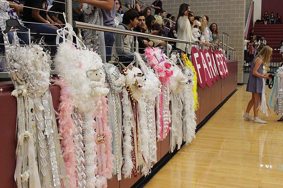 Farmerette mums hang on railing while they perform in the pep rally 