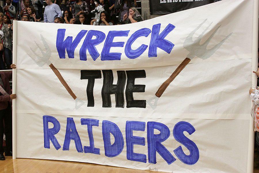 A Wreck the Raiders sign displayed to hype students for homecoming game