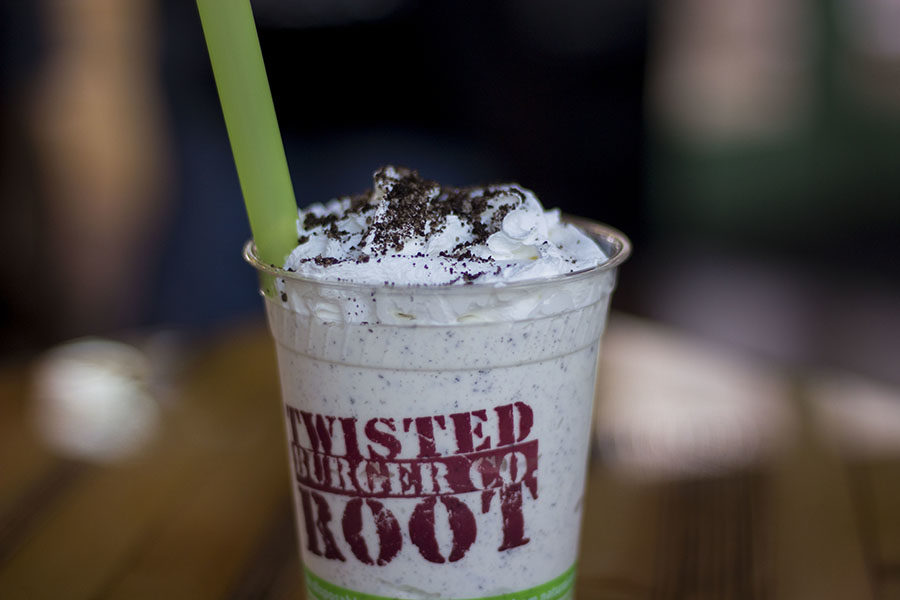 An oreo cookie pieces shake is just one of eight hand-spunned custard flavors Twisted Root offers.