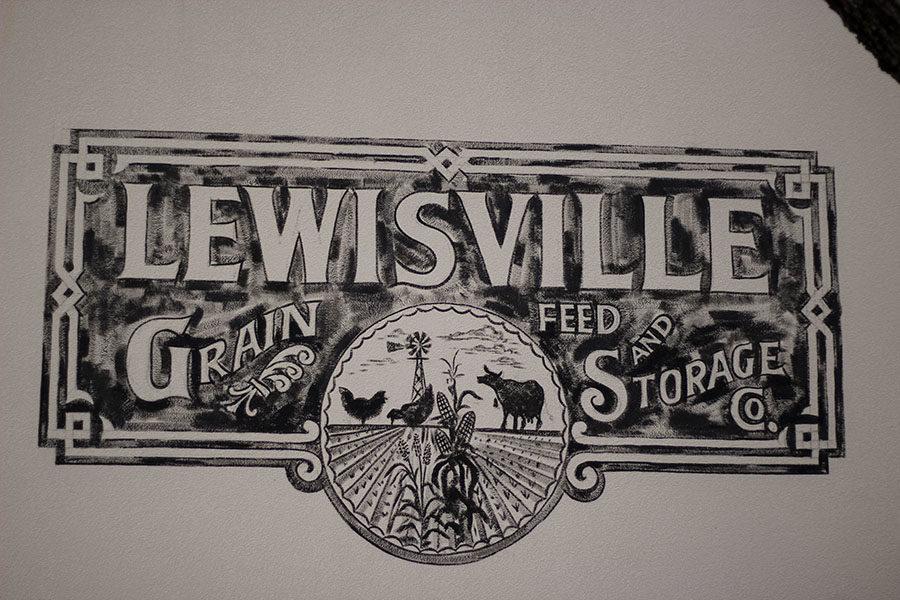 A Lewisville design is displayed on a courtyard wall. 
