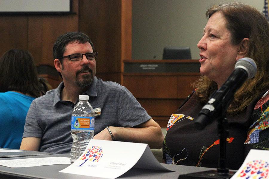 Licensed therapist and supervisor David Huffman looks on while licensed professional counselor and supervisor Cheryl Rayl speaks to the audience during the first Whole Child Series panel on Tuesday, Feb. 28.