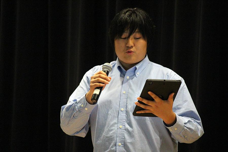 Junior Seong Hun delivers his short poem, Academic Performance.
