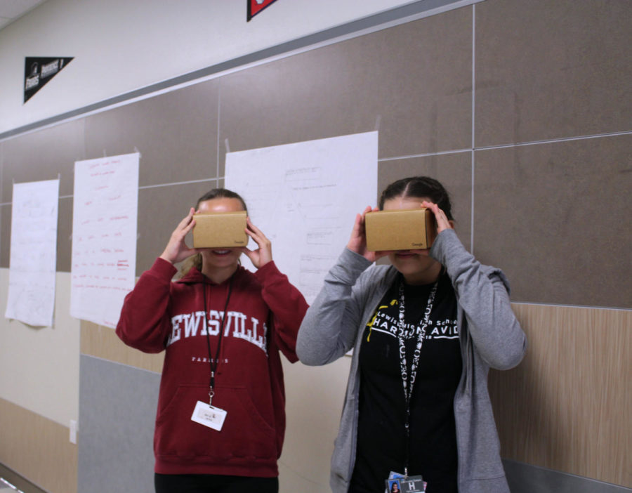 Sophomores Emily Johnke and Melissa Ambriz Vazquez use the virtual headsets to explore history.