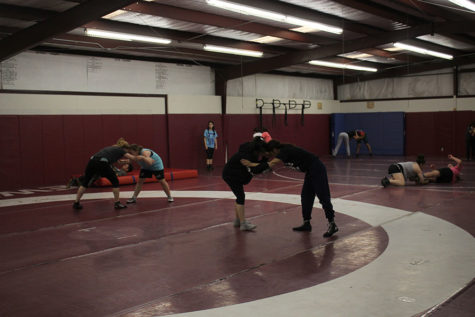 The girls varsity wrestling team practices technique during practice on Tuesday, Feb. 13.