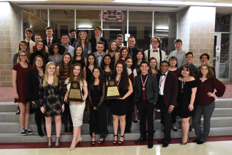 Theater members display their awards after advancing to bi-district on Friday, March 22. Courtesy of Lewisville Theatre.