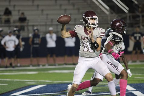 Sophomore quaterback Andrew Lewis (10) throws four touchdowns in the game against Flower Mound High School on Oct. 7.