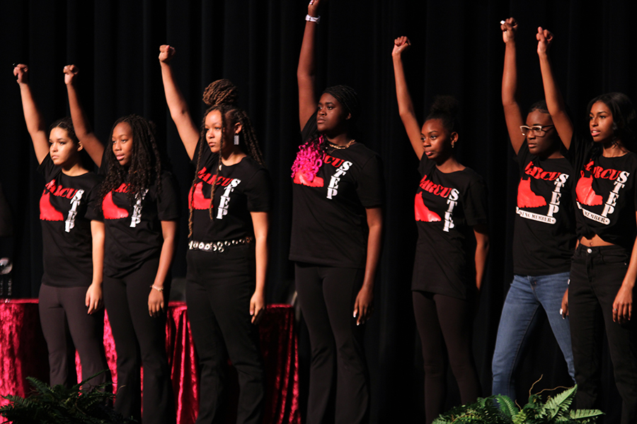 Toward the end of the celebration, Marcus step team shares a routine. 