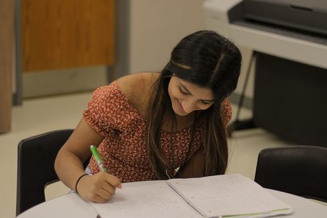 Senior Sonika Harish studies during block lunch.