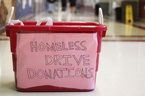 The donation bin for the homeless drive sits outside the StuCo room. Donations will be collected through Friday.
