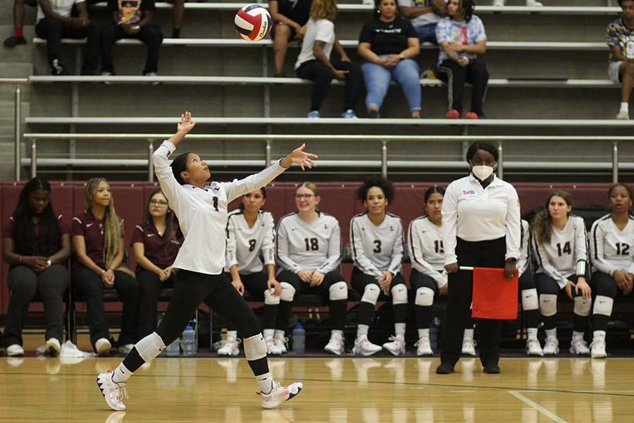 Junior Sui Par serves the ball at the home game against The Colony on Tuesday, Aug. 29.