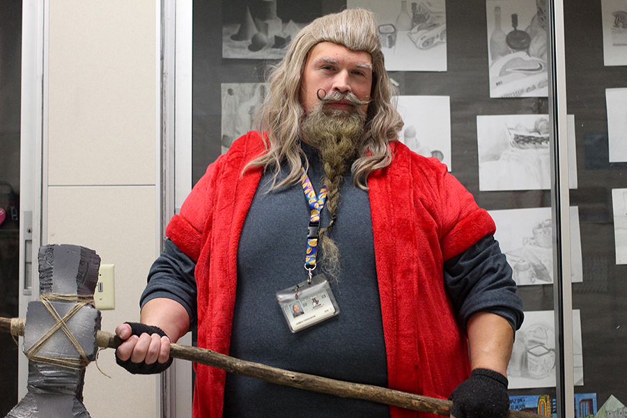 Art teacher Jim Ferguson dresses up as Thor from Avengers: Endgame for character day.
