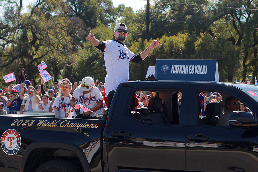 Pitcher Nathan Eovaldi hypes up the crowd during the Texas Rangers World Series championship parade on Friday, Nov. 3. Eovaldi became the first pitcher in MLB to win five games as a starter in a single postseason.