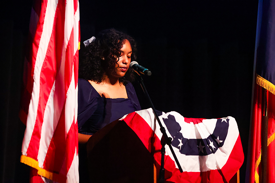 Senior StuCo vice president Destiny Courtney commences the ceremony and welcomes the audience with a speech. 