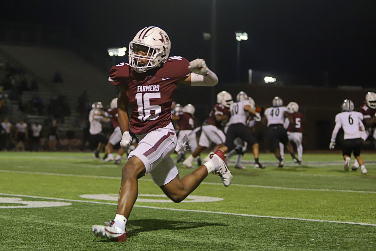 Sophomore wide receiver Jayden Thomas runs a route during the Denton Guyer game on Friday, Nov. 1.