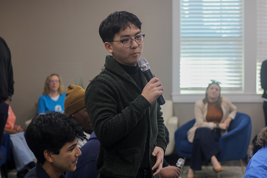 Senior Joshua Chon presents his 30-second advertisement at Lewisville Area Chamber of Commerce.